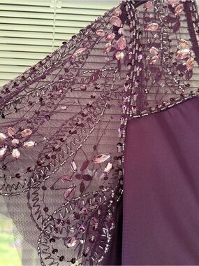 Xscape "Lana" Beaded Flutter Sleeve Jersey Gown - Plum